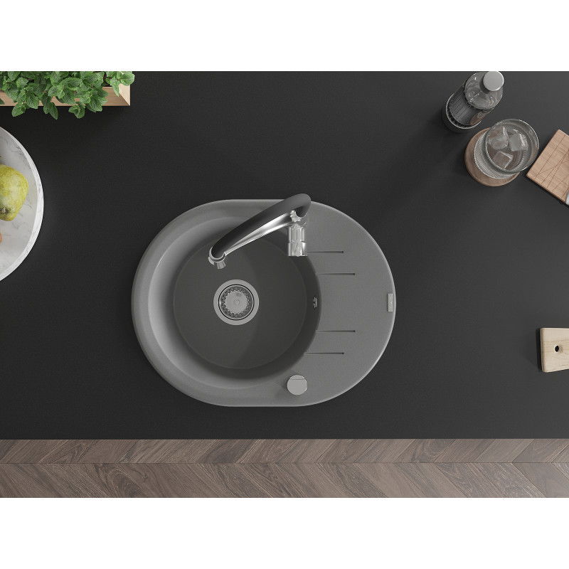 Mexen Kevin granitový kuchynský drez 1-komorový s odkvapkávačom a kuchynskou batériou Aster, šedý - 6517-71-73450-07