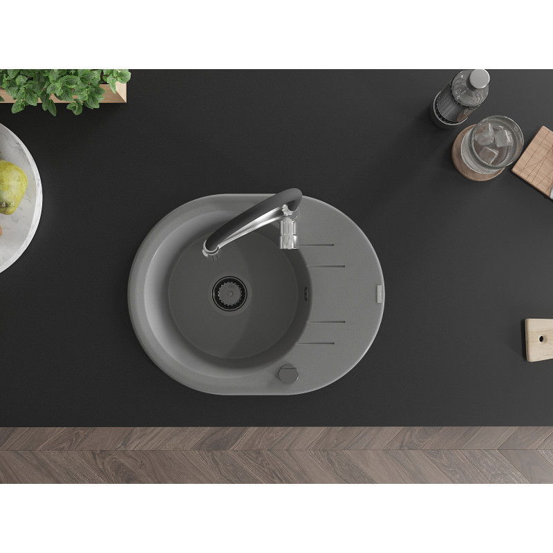 Mexen Kevin jednokomorový žulový drez s odkvapkávačom a kuchynskou batériou Aster, sivý - 6517-71-73450-07-B