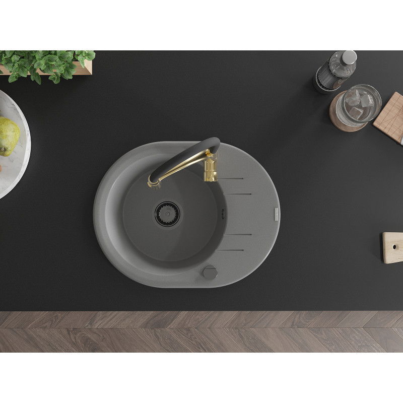 Mexen Kevin žulový kuchynský drez s 1 komorou, odkvapkávačom a kuchynskou batériou Aster, šedý - 6517-71-73450-57-B