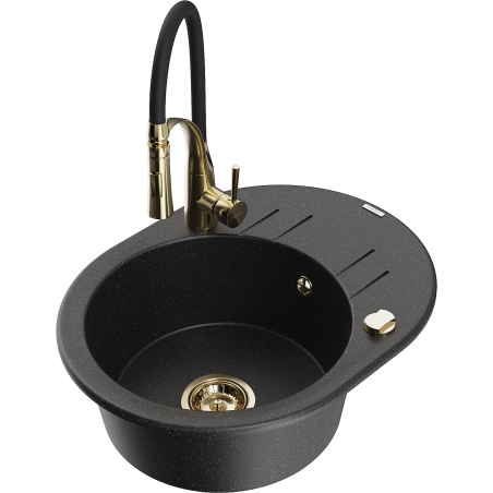 Mexen Kevin jednokomorový granitový drez s odkvapkávacou plochou a kuchynskou batériou Aster, čierny/strieborný metalický