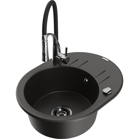 Mexen Kevin granitový drez s 1 komorou, odkvapkávacou plochou a kuchynskou batériou Aster, čierny/zlatý metalik