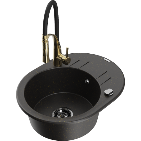 Mexen Kevin jednodrezový žulový drez s odkvapkávacou plochou a kuchynskou batériou Aster, čierno/zlatý metalik