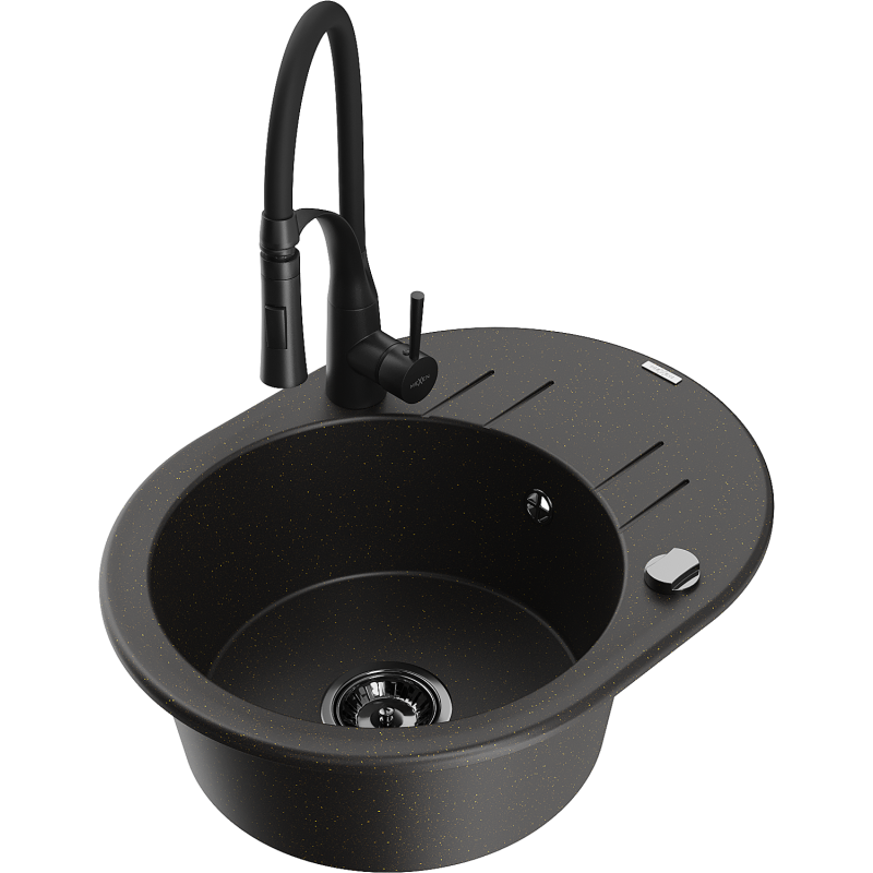 Mexen Kevin granitový drez s 1 komorou s odkvapkávačom a kuchynskou batériou Aster, čierny/zlatý metalický