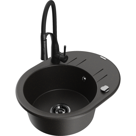 Mexen Kevin granitový drez s 1 komorou s odkvapkávačom a kuchynskou batériou Aster, čierny/zlatý metalický