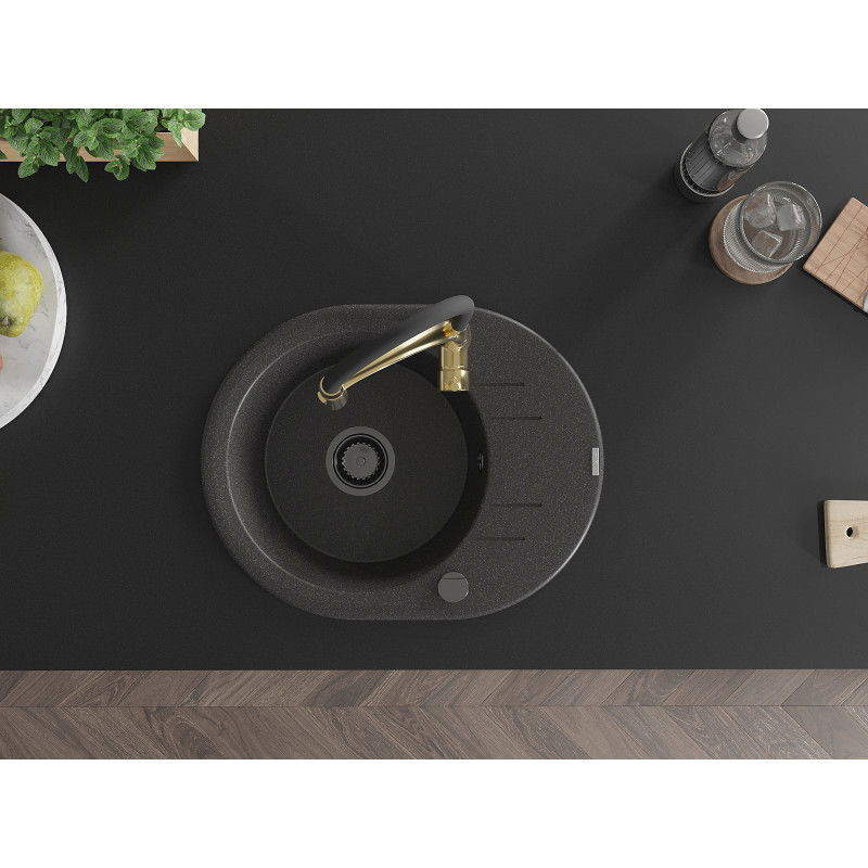 Mexen Kevin granitový drez 1-komorový s odkvapom a kuchynskou batériou Aster, čierny s bodkami - 6517-76-73450-57-B