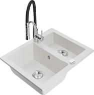 Mexen Carlos žulový drez 1,5-komorový s kuchynskou batériou Aster, biely - 6518-20-73450-07