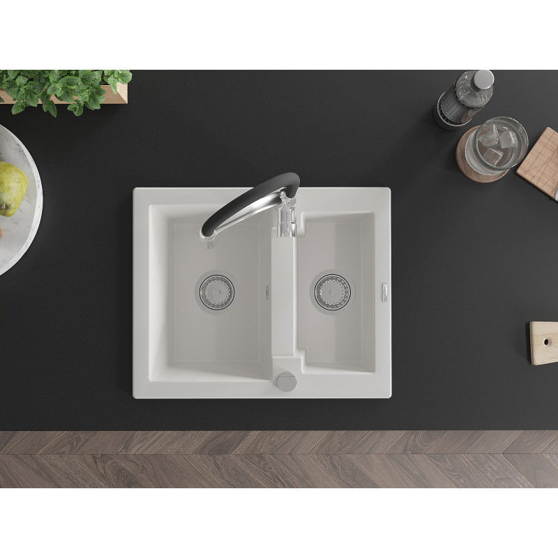 Mexen Carlos žulový drez 1,5-komorový s kuchynskou batériou Aster, biely - 6518-20-73450-07