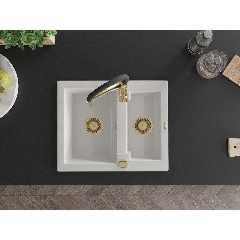 Mexen Carlos žulový drez 1,5-komorový s kuchynskou batériou Aster, biely - 6518-20-73450-57-G