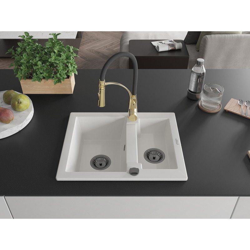 Mexen Carlos Granitový drez 1,5-komorový s kuchynskou batériou Aster, biely - 6518-20-73450-57-B