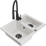 Mexen Carlos granitový drez 1,5-komorový s kuchynskou batériou Aster, biely - 6518-20-73450-70-B