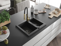 Mexen Carlos žulový drez 1,5-komorový s kuchynskou batériou Aster, čierny/strieborný metalický - 6518-73-73450-57-B