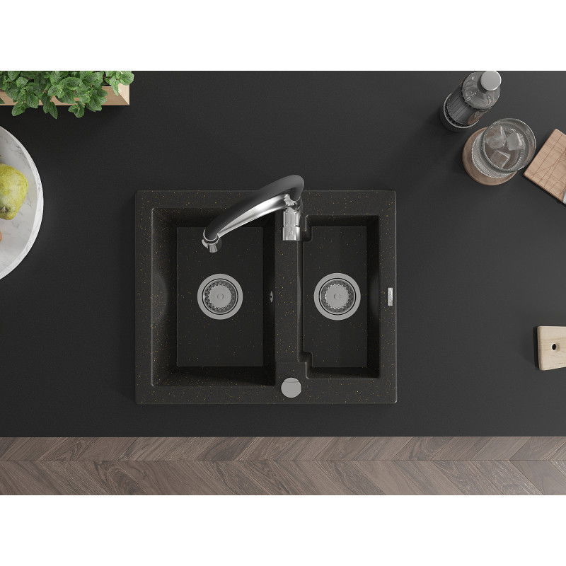 Mexen Carlos granitový drez 1,5-komorový s kuchynskou batériou Aster, čierny/zlatý metalik - 6518-75-73450-07