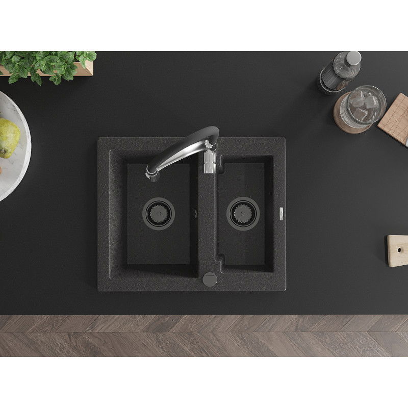 Mexen Carlos granitový drez 1,5-komorový s kuchynskou batériou Aster, čierny s fľakmi - 6518-76-73450-07-B
