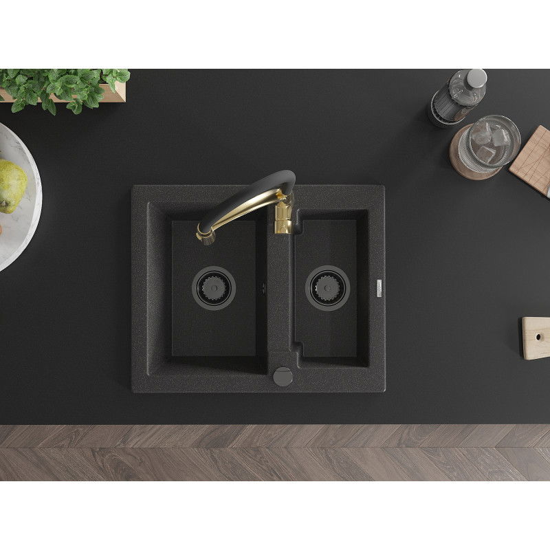 Mexen Carlos granitový drez 1,5-komorový s kuchynskou batériou Aster, čierny bodkovaný - 6518-76-73450-57-B