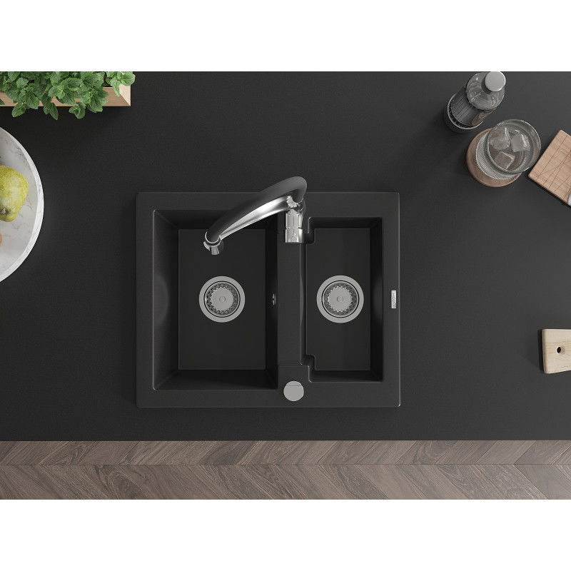 Mexen Carlos žulový drez 1,5-komorový s kuchynskou batériou Aster, čierny - 6518-77-73450-07