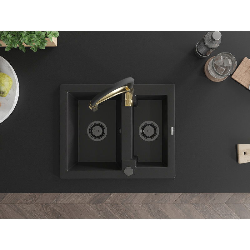 Mexen Carlos granitový kuchynský drez, 1,5-drez s kuchynskou batériou Aster, čierny - 6518-77-73450-57-B