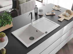 Mexen Leo granitový kuchynský drez s 1 komorou, odkvapkávačom a kuchynskou batériou Flora, biely - 6501-20-670401-07-B