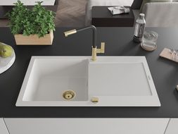 Mexen Leo žulový drez 1-komorový s odkladacou plochou a kuchynskou batériou Flora, biela - 6501-20-670401-57-G