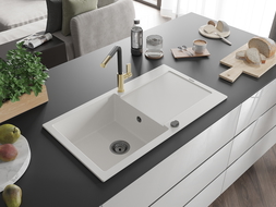 Mexen Leo granitový drez 1-komorový s odkvapkávačom a kuchynskou batériou Flora, biely - 6501-20-670401-57-B