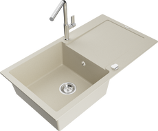 Mexen Leo žulový kuchynský drez s 1 komorou a odkvapkávačom a kuchynskou batériou Flora, béžový - 6501-69-670401-00