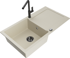 Mexen Leo granitový kuchynský drez s jednou komorou a odkvapkávačom a kuchynskou batériou Flora, béžový - 6501-69-670401-70-B