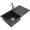 Mexen Leo granitový drez 1-komorový s odkvapkávačom a kuchynskou batériou Flora, čierny/strieborný metalický