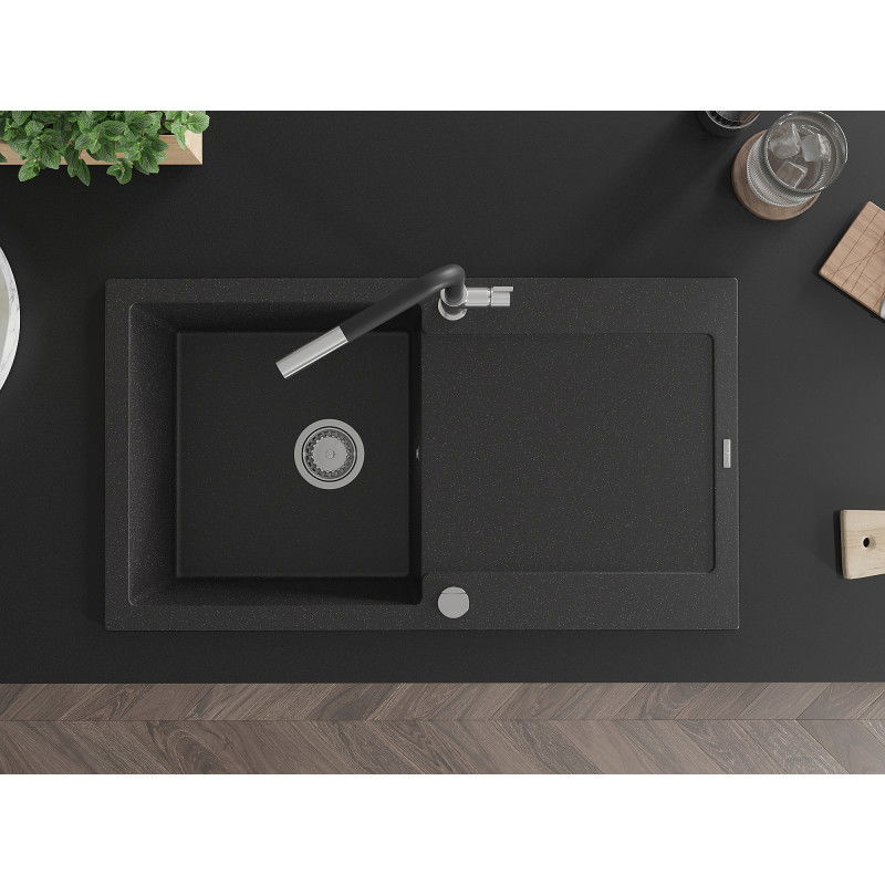Mexen Leo granitový drezu jeden s odkvapkávačom a kuchynskou vodovodnou batériou Flora, čierny/strieborný metalický