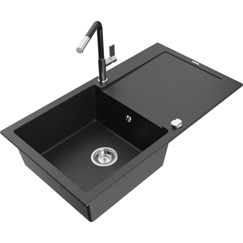 Mexen Leo granitový drezu jeden s odkvapkávačom a kuchynskou vodovodnou batériou Flora, čierny/strieborný metalický