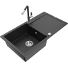 Mexen Leo granitový drezu jeden s odkvapkávačom a kuchynskou vodovodnou batériou Flora, čierny/strieborný metalický