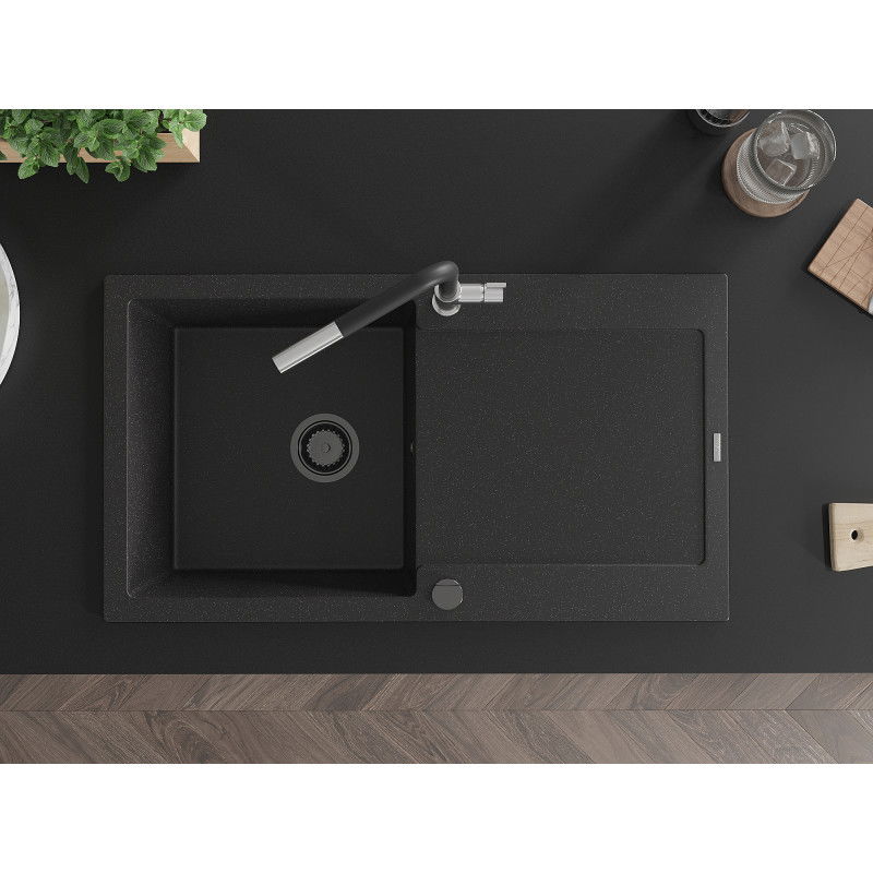 Mexen Leo žulový drez 1-komorový s odkvapkávačom a kuchynskou batériou Flora, čierny/strieborný metalik - 6501-73-670401-07-B