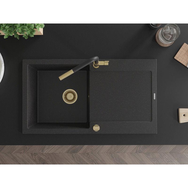 Mexen Leo granitový kuchynský drez s 1-komorou, odkvapkávacou plochou a kuchynskou batériou Flora, čierny/strieborný