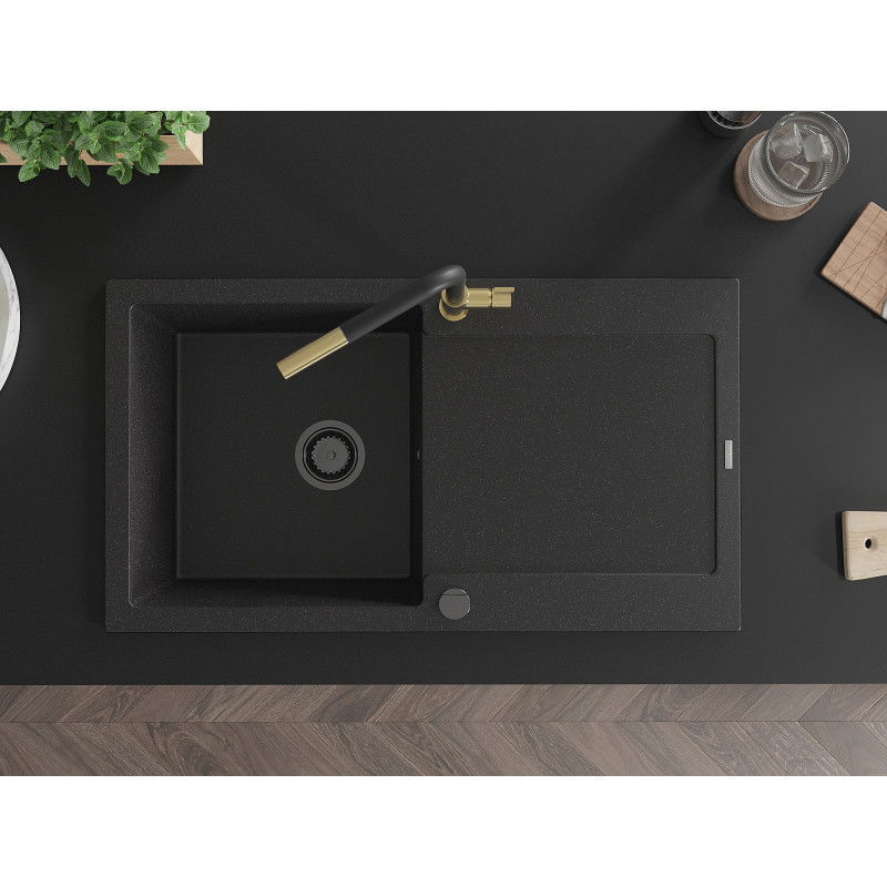 Mexen Leo granitový drez s 1 komorou s odkvapkávačom a kuchynskou batériou Flora, čierny/sivý metalický