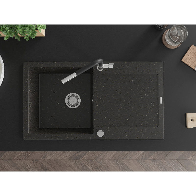 Mexen Leo žulový drez s 1 komorou a odkvapkávačom a kuchynskou batériou Flora, čierna/zlatý metalik - 6501-75-670401-07