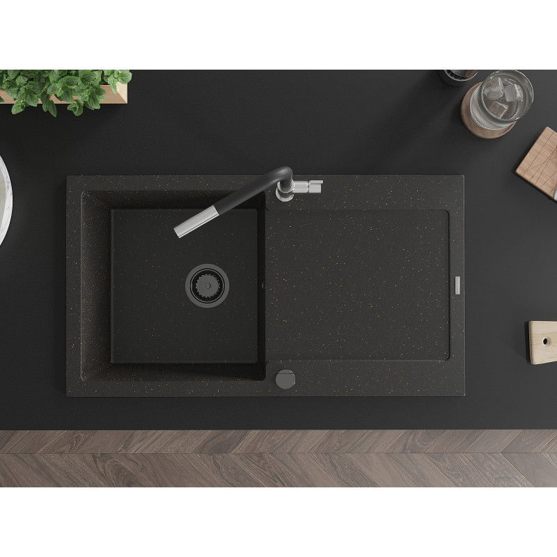 Mexen Leo granitový jednodrez s odkvapkávačom a kuchynskou batériou Flora, čierny/zlatý metalik - 6501-75-670401-07-B