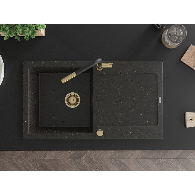 Mexen Leo žulový drez s 1 komorou a odkvapkávacou plochou a kuchynská batéria Flora, čierna/zlatý metalík - 6501-75-670401-57-G