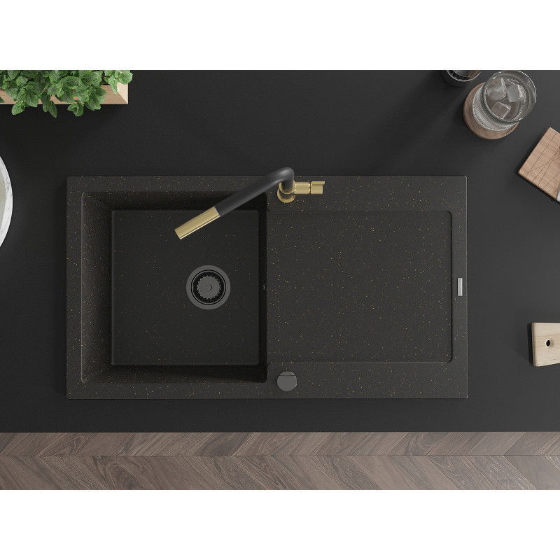 Mexen Leo granitový kuchynský drez s 1 komorou a odkvapkávačom s kuchynskou batériou Flora, čierny/zlatý metalický
