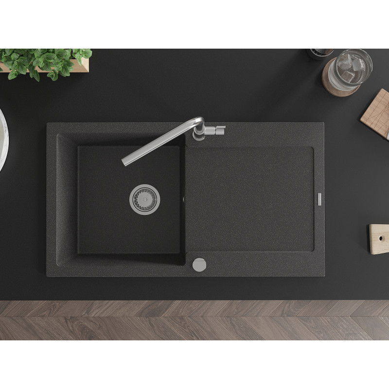 Mexen Leo granitový drez 1-komorový s odkvapkávačom a kuchynskou batériou Flora, čierny škvrnitý - 6501-76-670401-00