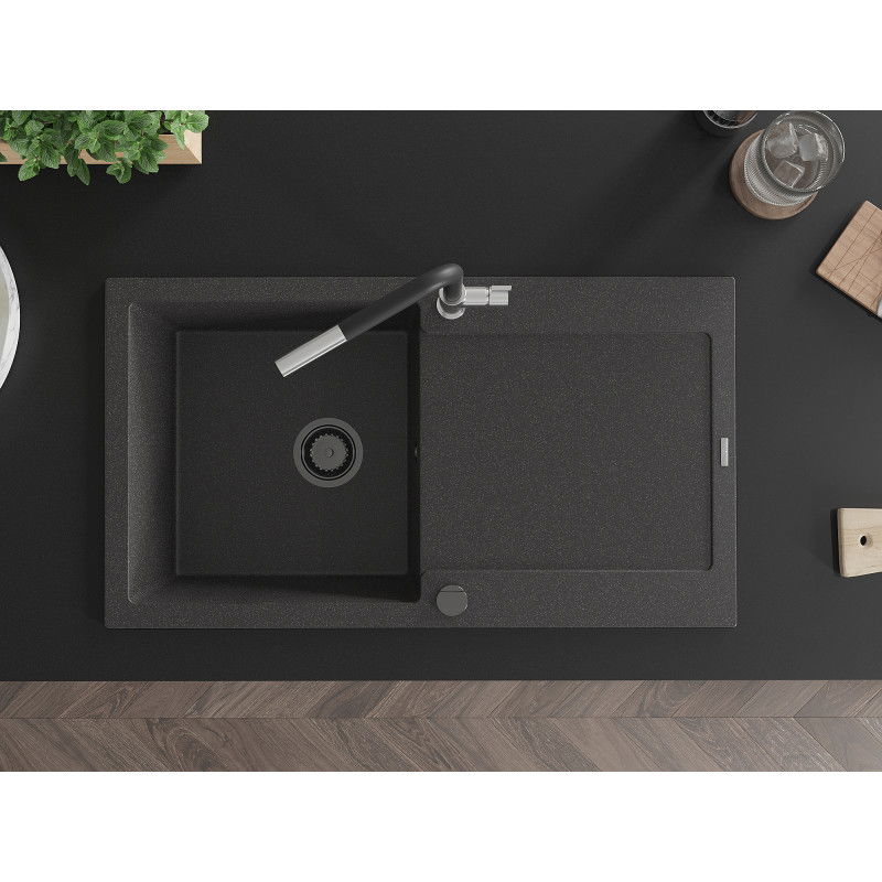 Mexen Leo granitový kuchynský drez s 1 komorou, odkvapkávačom a kuchynskou batériou Flora, čierny škvrnitý