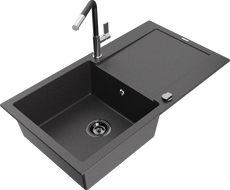 Mexen Leo granitový kuchynský drez s 1 komorou, odkvapkávačom a kuchynskou batériou Flora, čierny škvrnitý