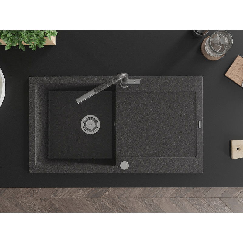 Mexen Leo žulový drez 1-komorový s odkvapkávačom a kuchynskou batériou Flora, čierny s bodkami - 6501-76-670401-08