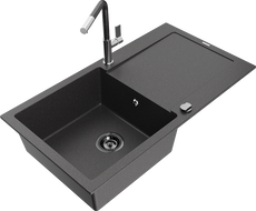 Mexen Leo žulový drez s 1-komorou s odkvapávačom a kuchynskou batériou Flora, čierny s bodkami - 6501-76-670401-08-B