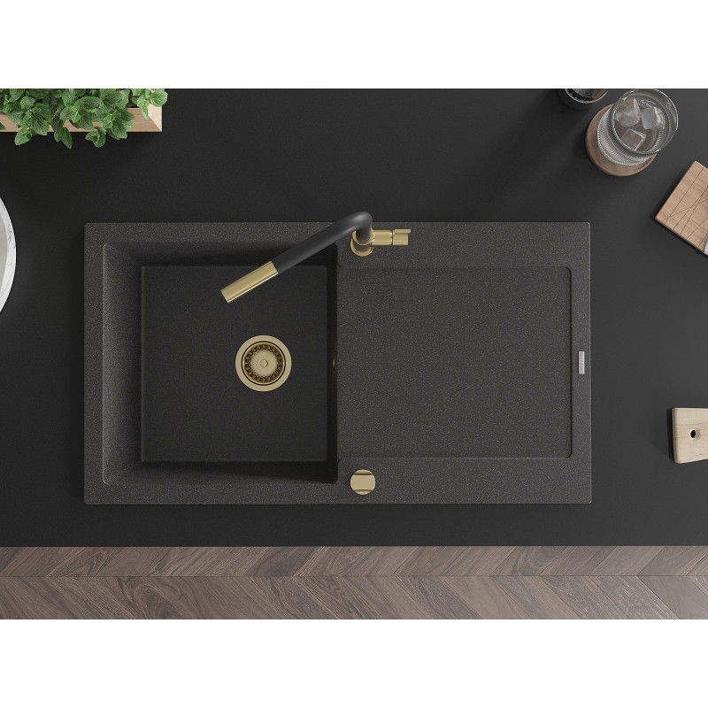 Mexen Leo granitový drez 1-komorový s odkvapkávačom a kuchynskou batériou Flora, čierny škvrnitý - 6501-76-670401-57-G