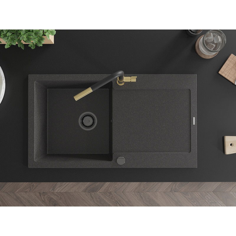 Mexen Leo žulový kuchynský drez s 1 komorou a odkvapkávačom a kuchynská batéria Flora, čierny škvrnitý - 6501-76-670401-57-B
