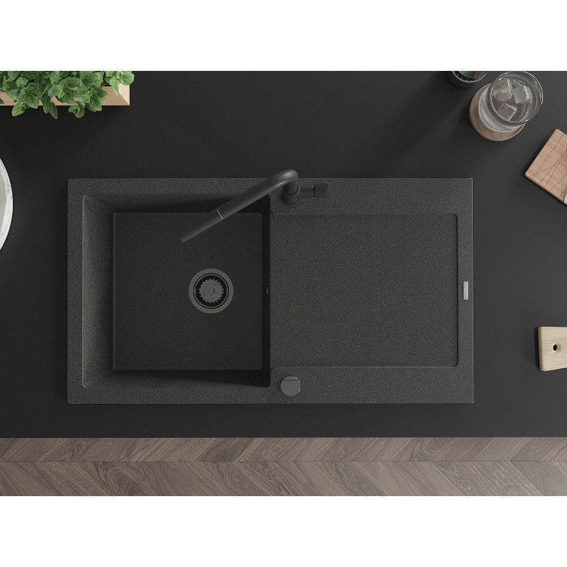 Mexen Leo žulový drez s 1-komorou s odkvapkávačom a kuchynskou batériou Flora, čierny s bodkami - 6501-76-670401-70-B