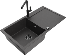 Mexen Leo žulový drez s 1-komorou s odkvapkávačom a kuchynskou batériou Flora, čierny s bodkami - 6501-76-670401-70-B