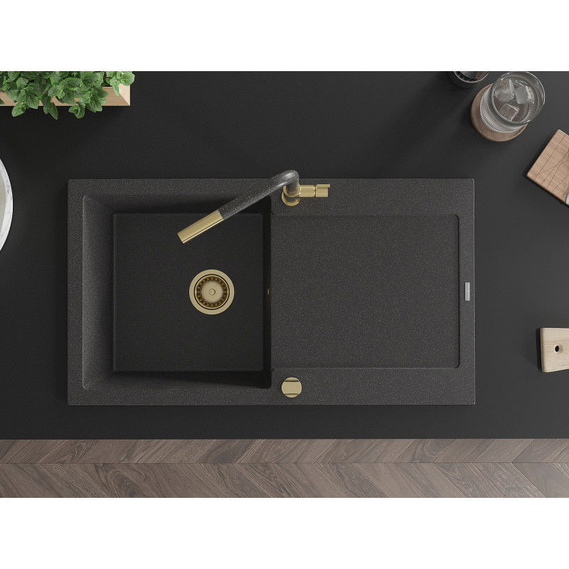 Mexen Leo granitový drez 1-komorový s odkvapkávačom a kuchynskou batériou Flora, čierny fŕkaný - 6501-76-670401-75-G
