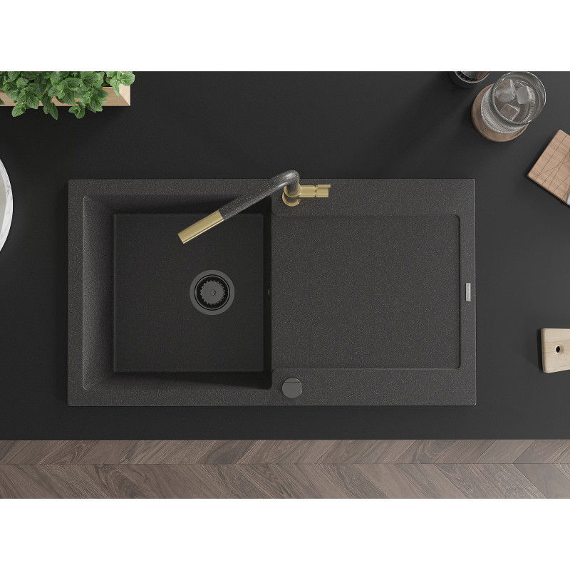 Mexen Leo jednodrezový granitový drez s odkvapom a kuchynskou batériou Flora, čierno-škvrnitý - 6501-76-670401-75-B