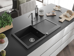 Mexen Leo žulový drez 1-komorový s odkvapkávačom a kuchynskou batériou Flora, čierny - 6501-77-670401-00