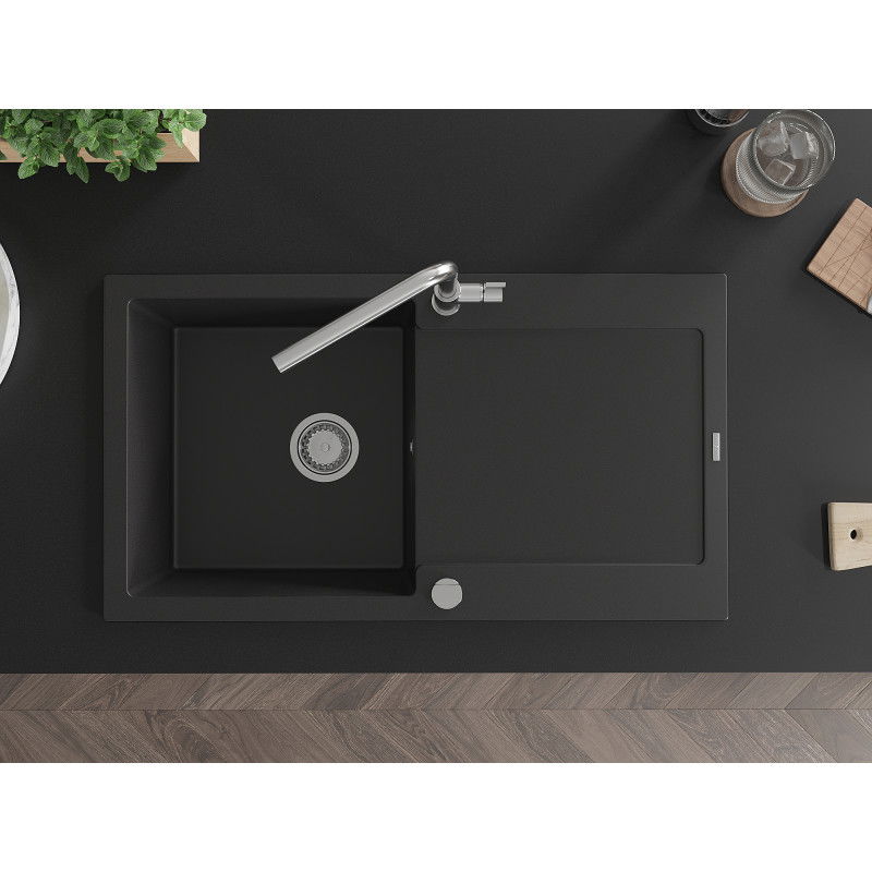 Mexen Leo žulový drez 1-komorový s odkvapkávačom a kuchynskou batériou Flora, čierny - 6501-77-670401-00
