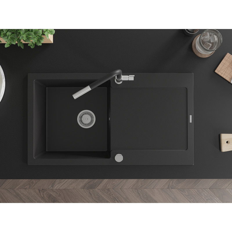 Mexen Leo žulový drez s 1 komorou a odkvapkávačom a kuchynskou batériou Flora, čierny - 6501-77-670401-07
